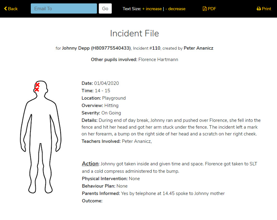 Behaviour and Incident Reporting Screen