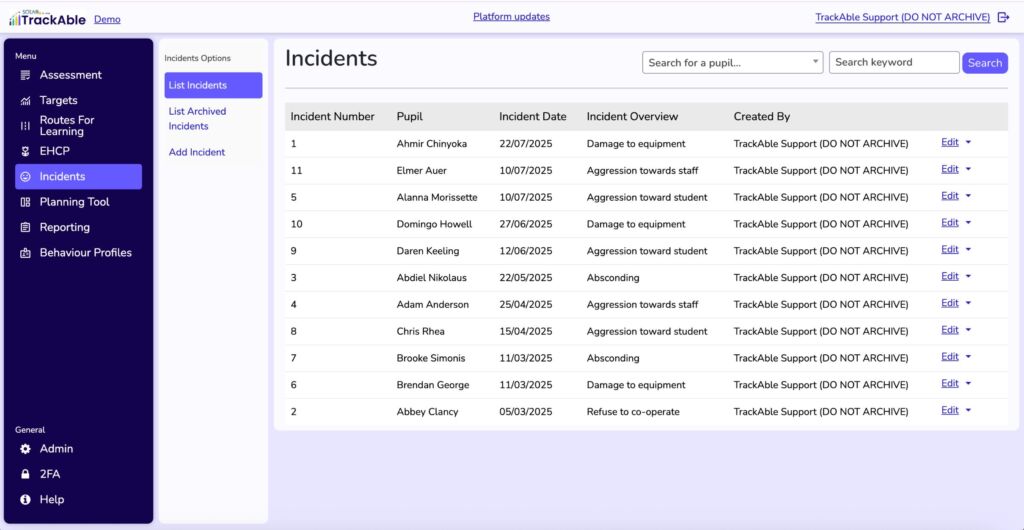 Behaviour Features Module Screen