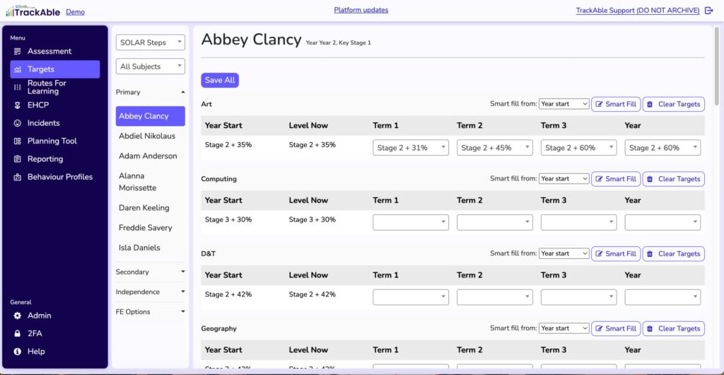 Target Setting and Target Monitoring Screen