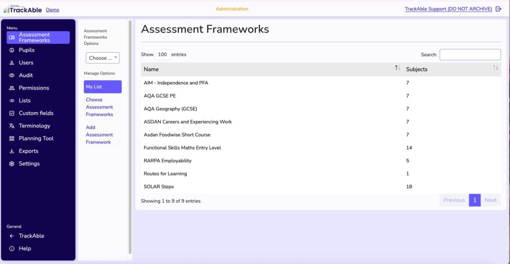 Training and Administration Screen